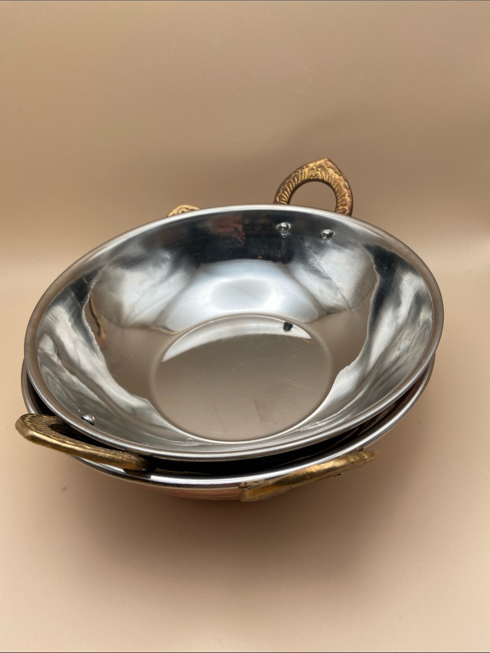 Traditional Indian Copper Serving Kadai Bowl with Brass Handles - Set of 2